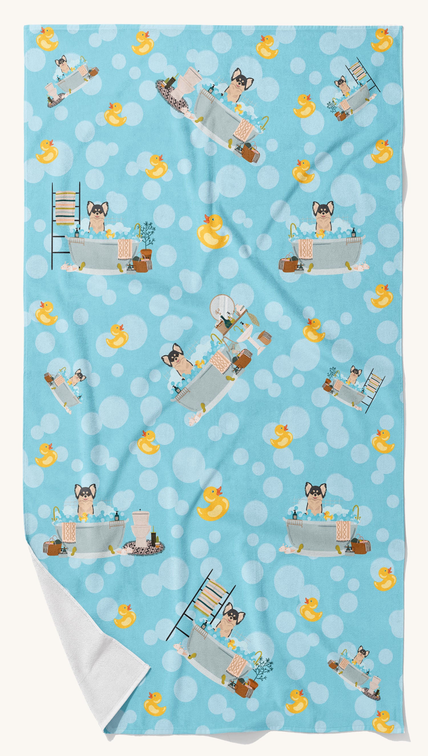 Hand-illustrated Longhaired Black and White Chihuahua Bath Towel