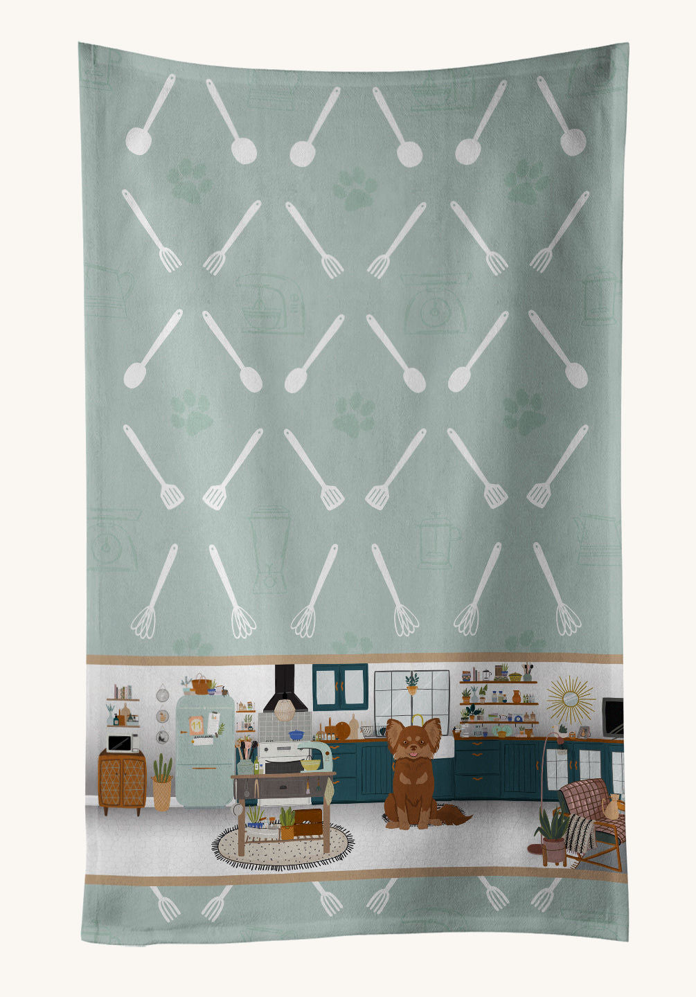 Hand-illustrated Longhaired Chocolate Chihuahua Kitchen Towel