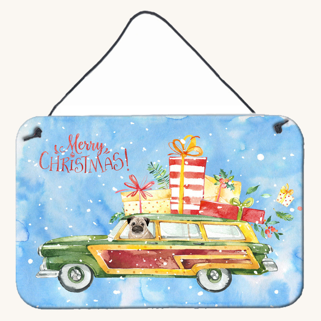 Hand-illustrated Merry Christmas Pug Aluminum Sign