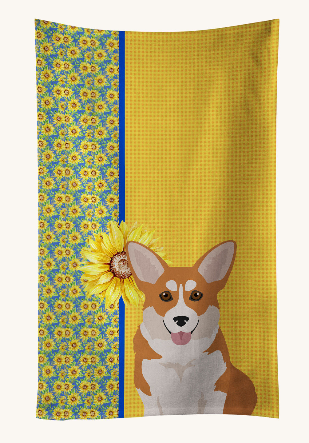 Hand-illustrated Pembroke Corgi Summer Sunflowers Kitchen Towel