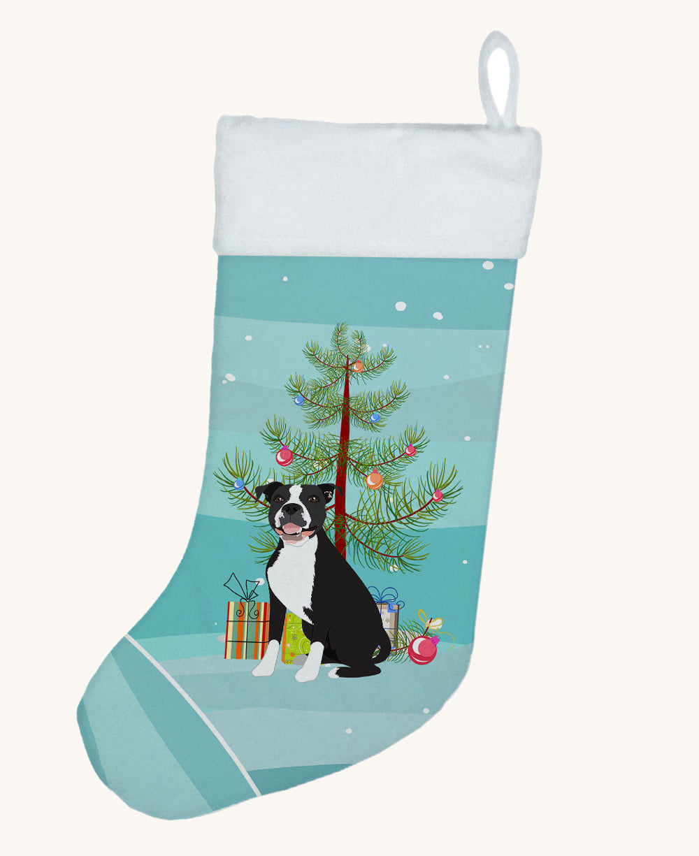Hand-illustrated Pit Bull Black Christmas Stocking, 18 x 11 in. Suede