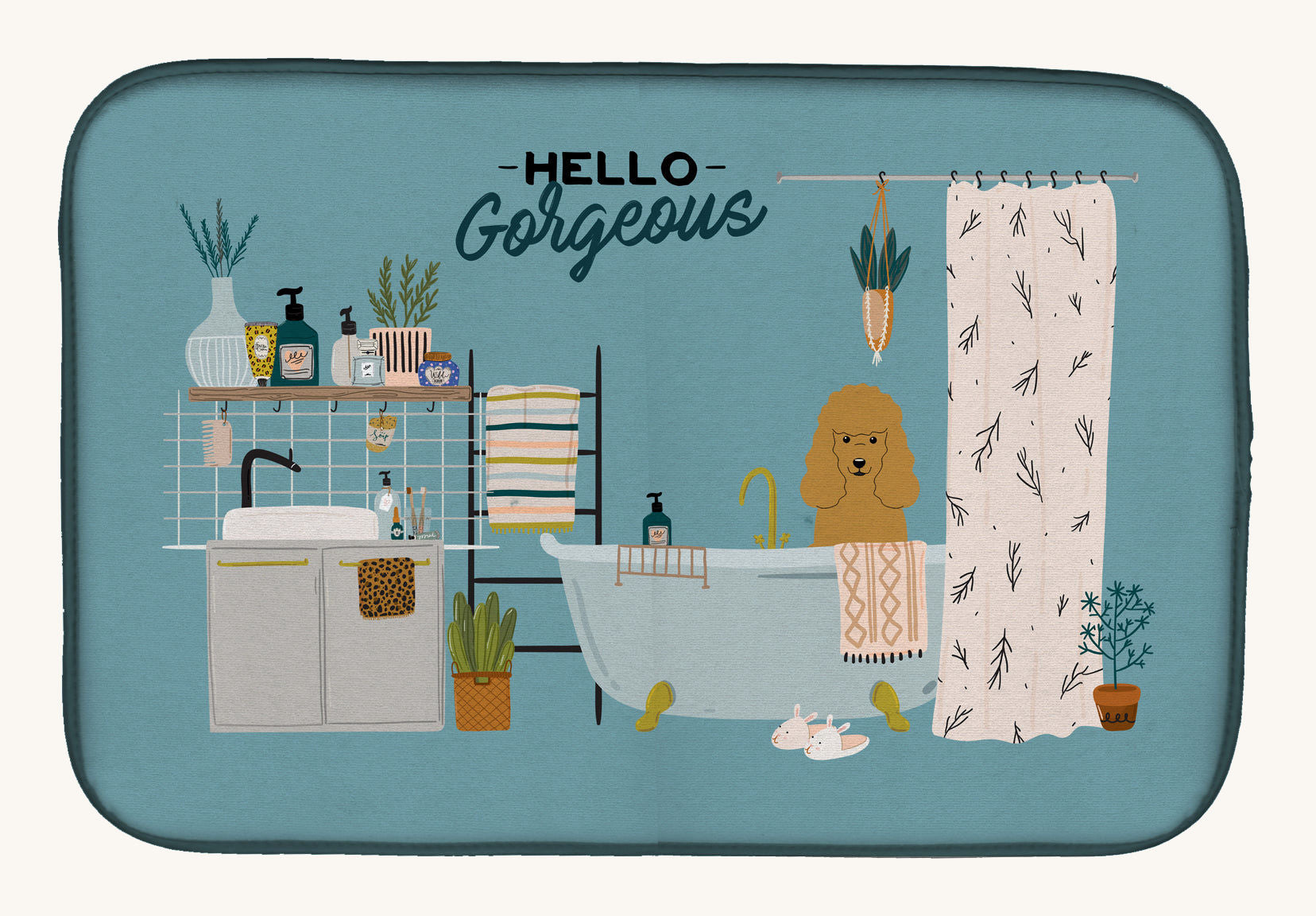 Hand-illustrated Poodle in Bathtub Dish Drying Mat