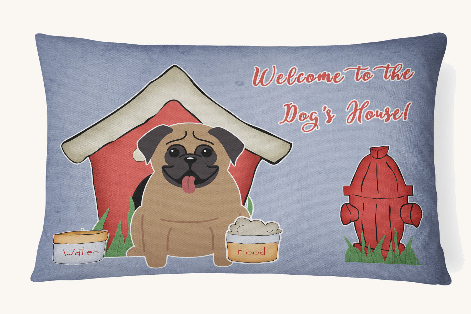 Hand-illustrated Pug Brown Dog House Throw Pillow