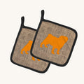Hand-illustrated Pug Burlap and Orange Pot Holder Set