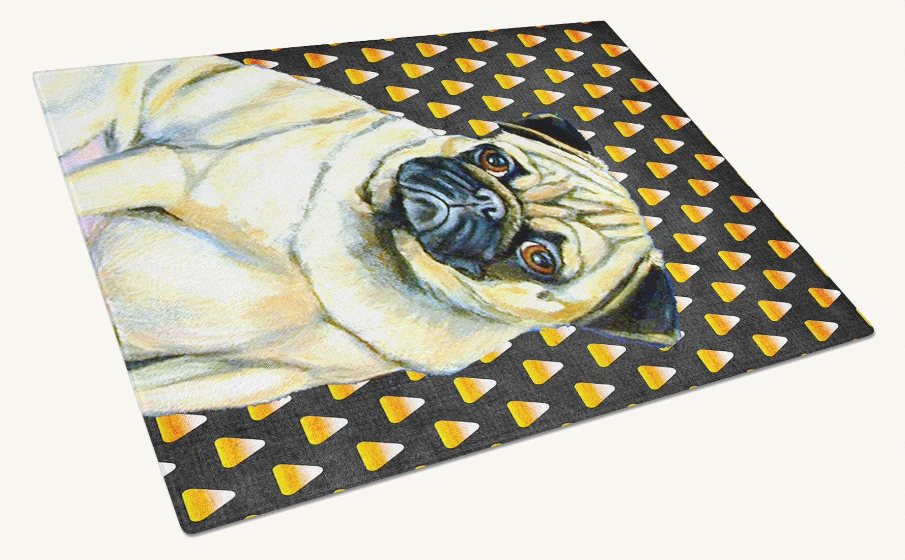 Hand-illustrated Pug Candy Corn Halloween Glass Cutting Board