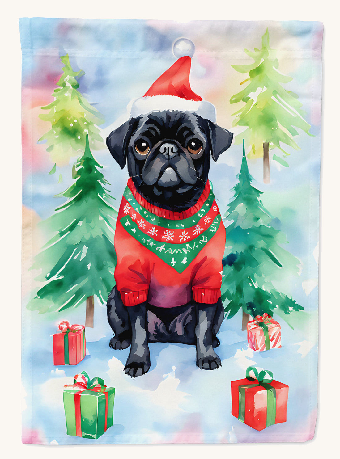 Hand-illustrated Pug Christmas Garden Flag