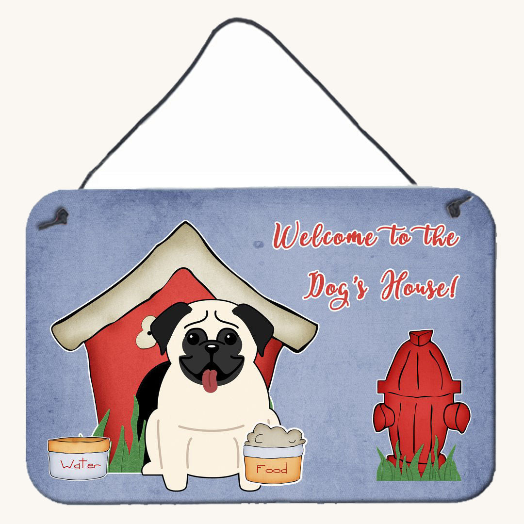 Hand-illustrated Pug Cream Dog House Aluminum Sign