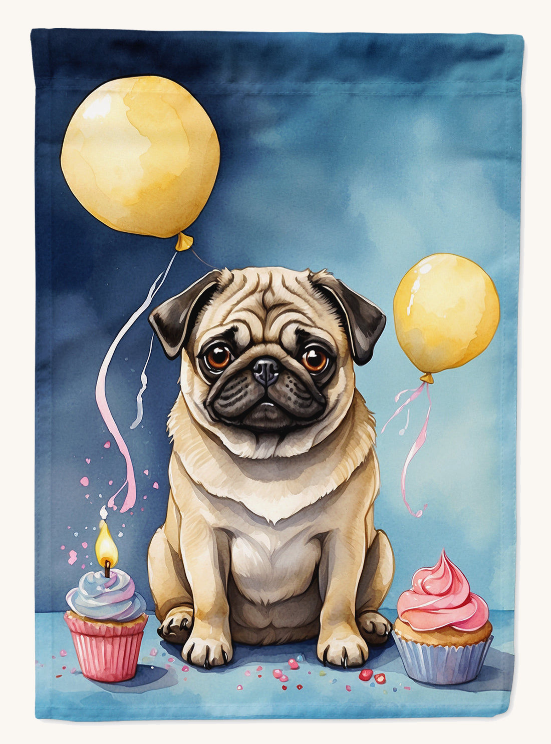 Hand-illustrated Pug Happy Birthday House Flag
