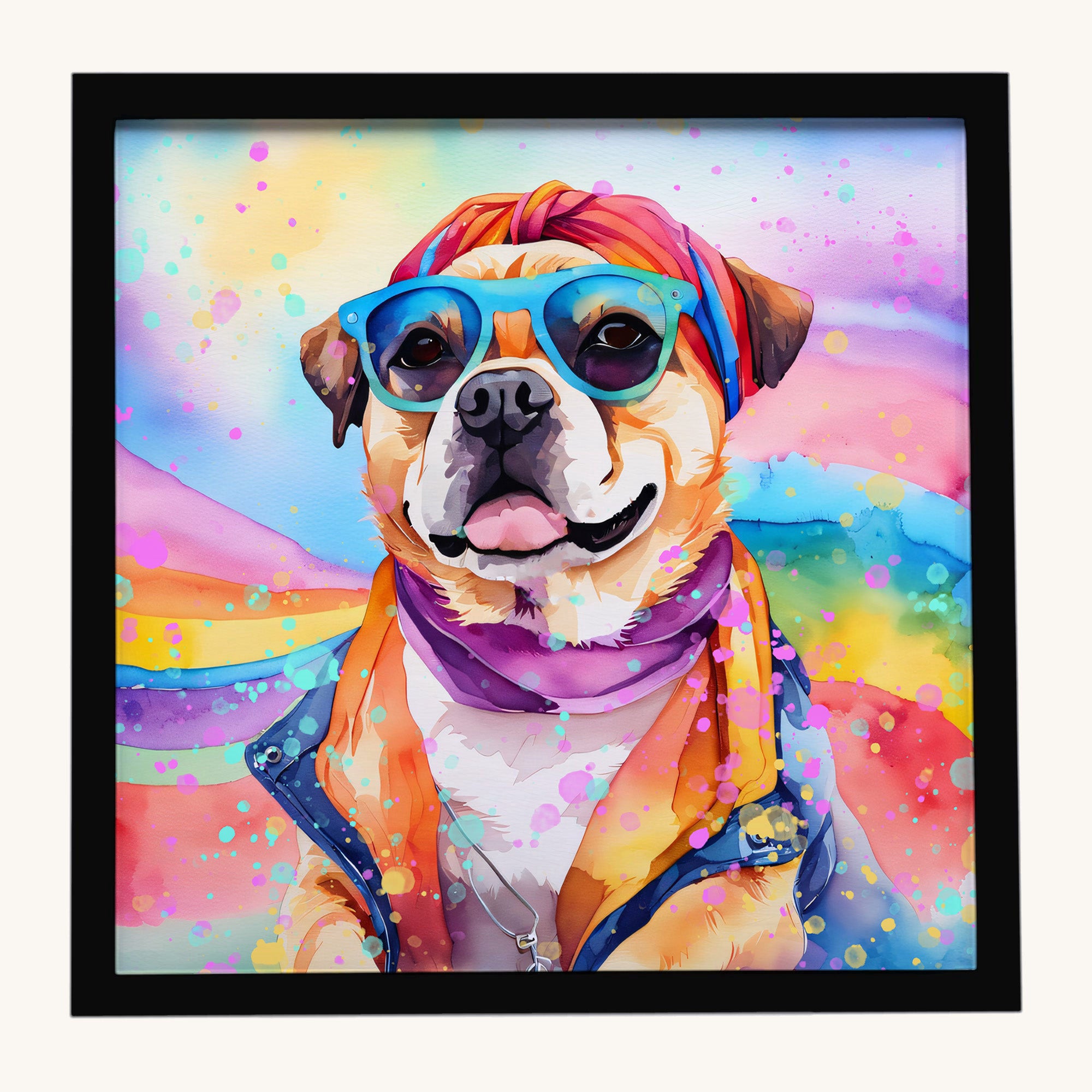 Hand-illustrated Pug Hippie Dawg Framed Metal Print