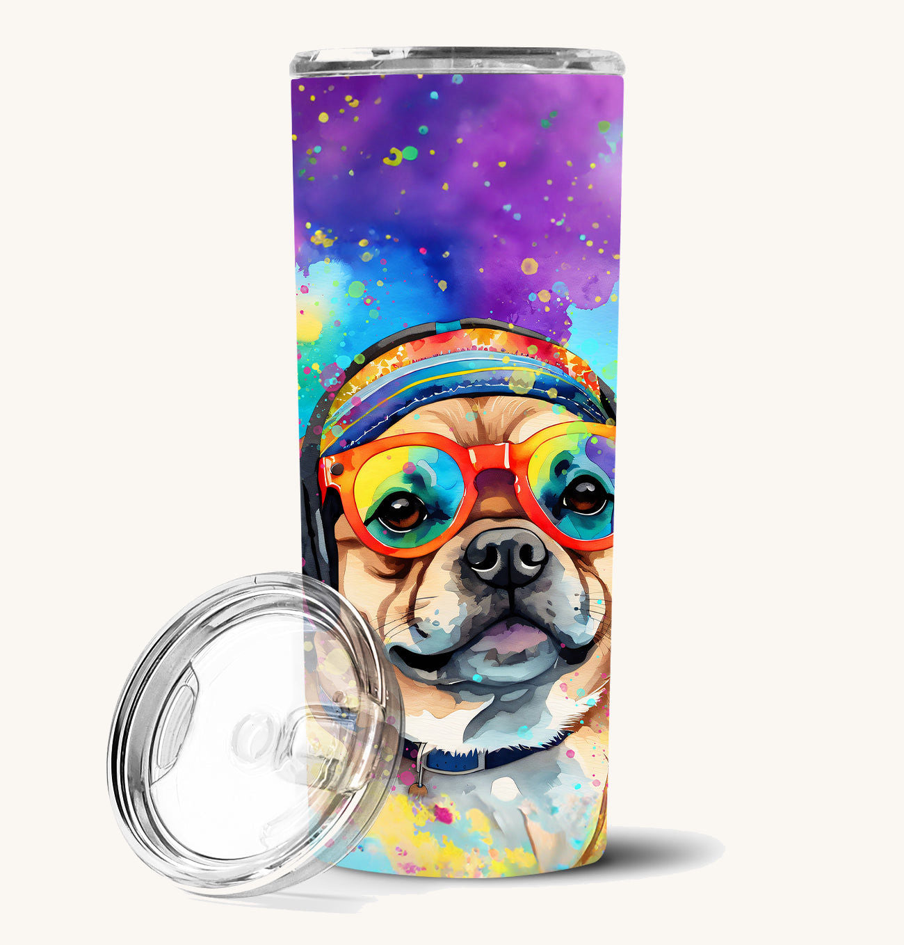 Hand-illustrated Pug Hippie Dawg Stainless Steel Tumbler