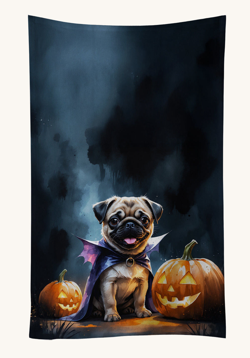 Hand-illustrated Pug Puppy Halloween Kitchen Towel