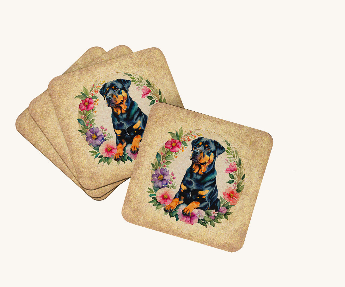 Hand-illustrated Rottweiler and Flowers Foam Coaster Set