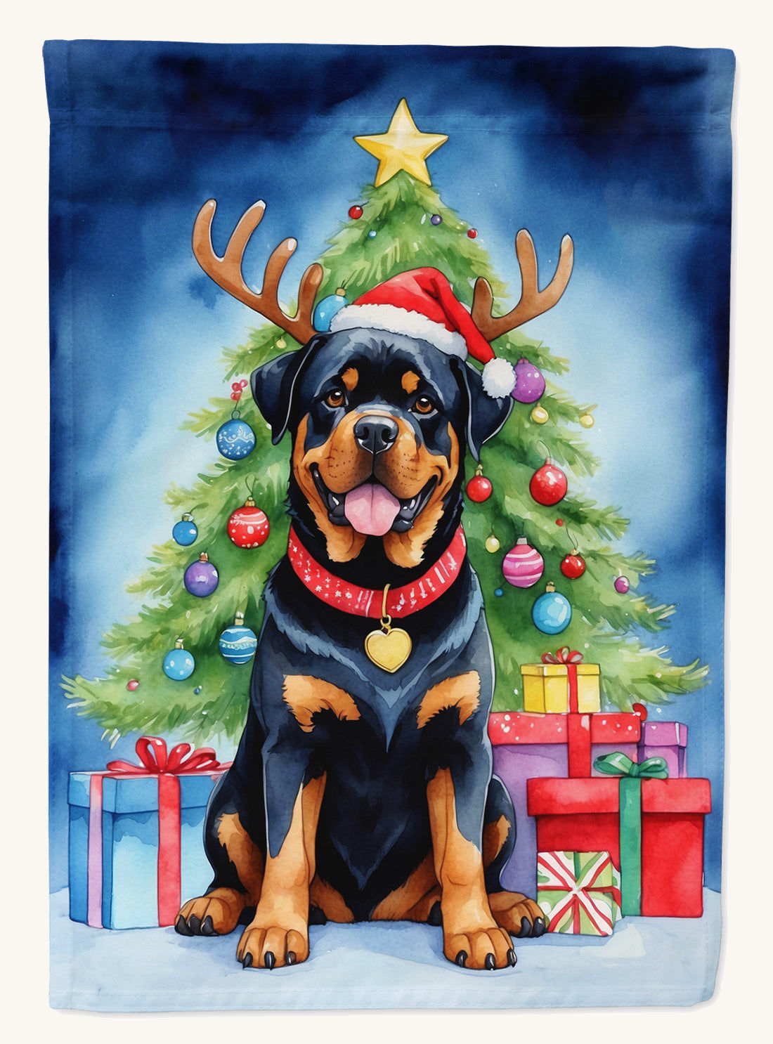 Hand-illustrated Rottweiler Christmas Reindeer House Flag
