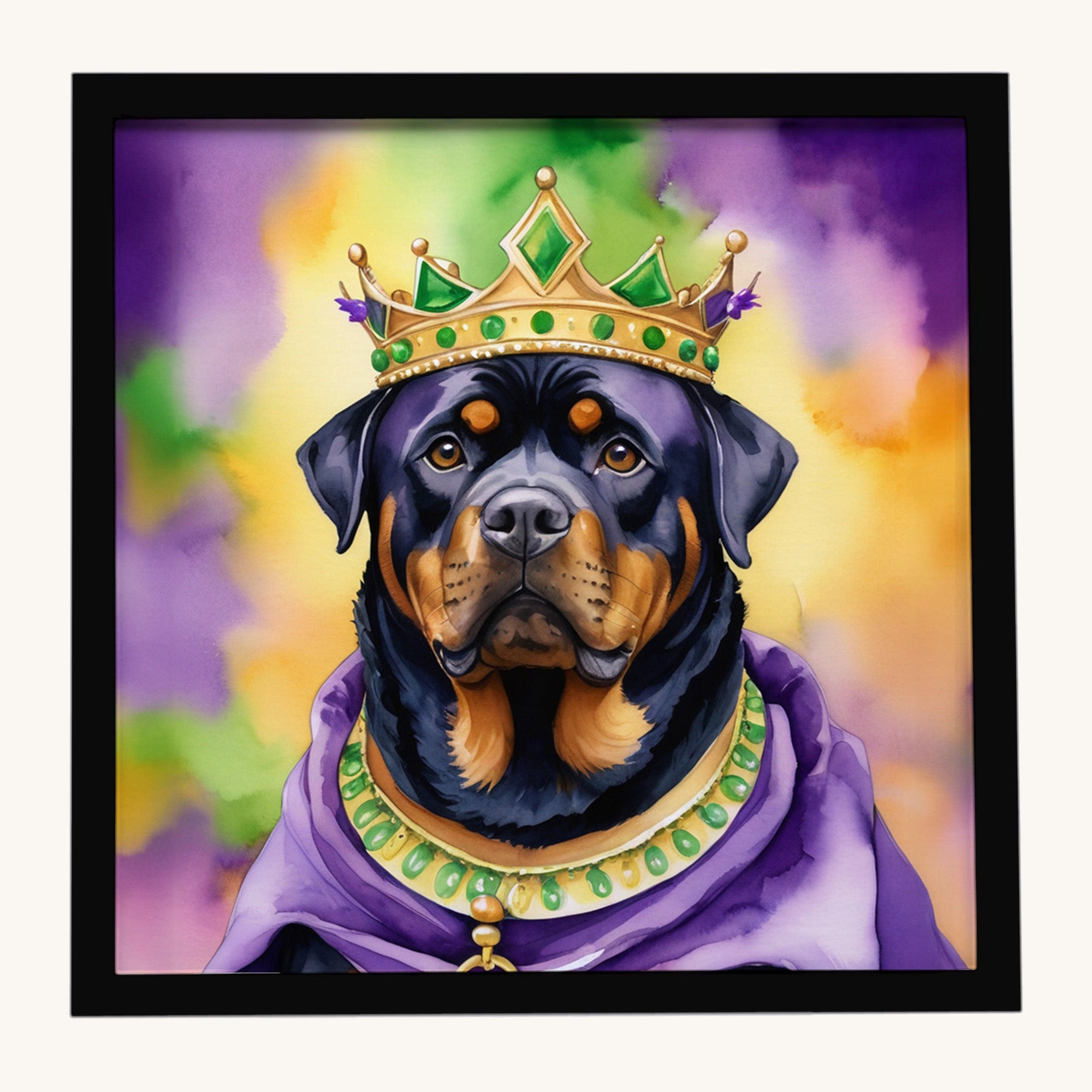 Hand-illustrated Rottweiler King of Mardi Gras Framed Metal Print