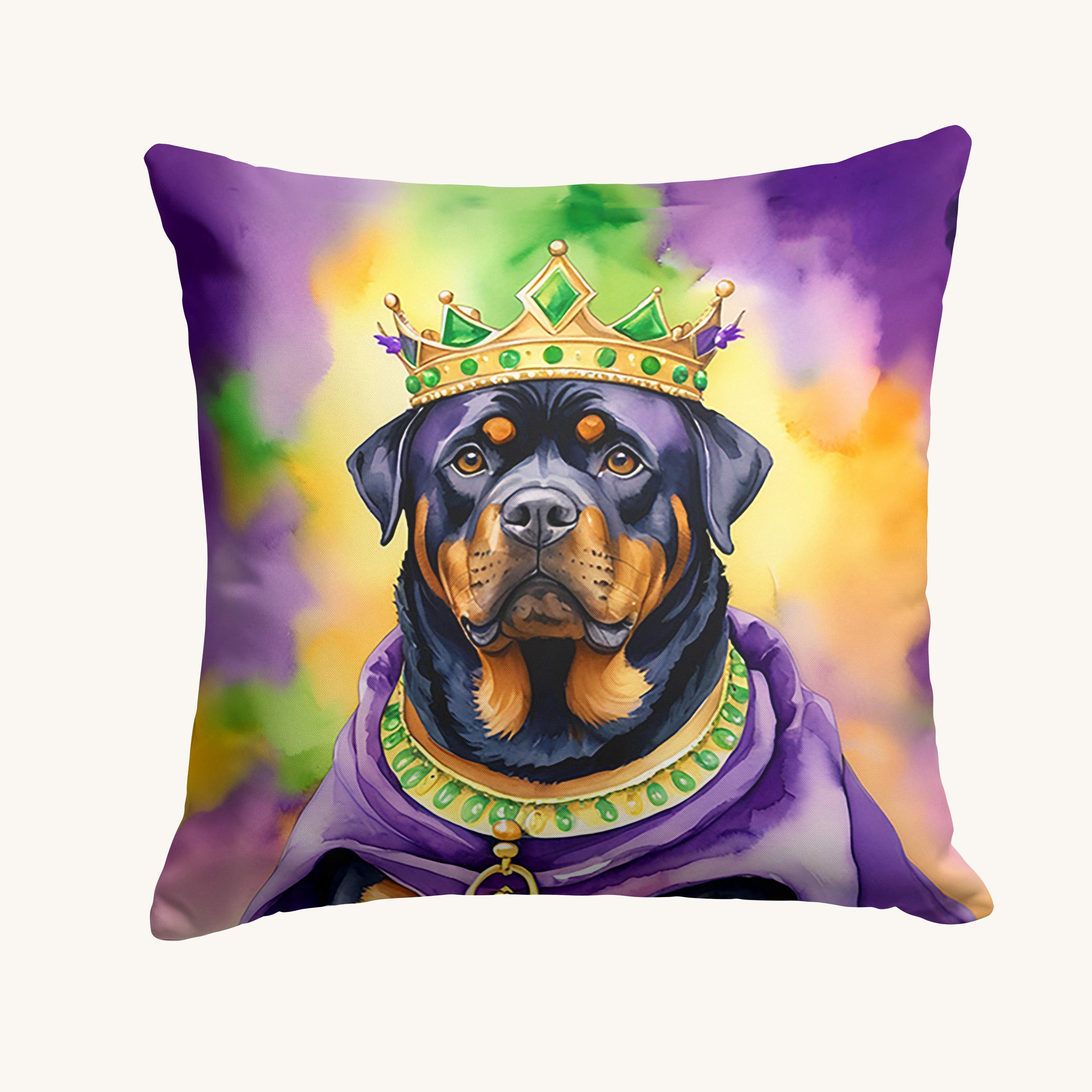 Hand-illustrated Rottweiler King of Mardi Gras Throw Pillow