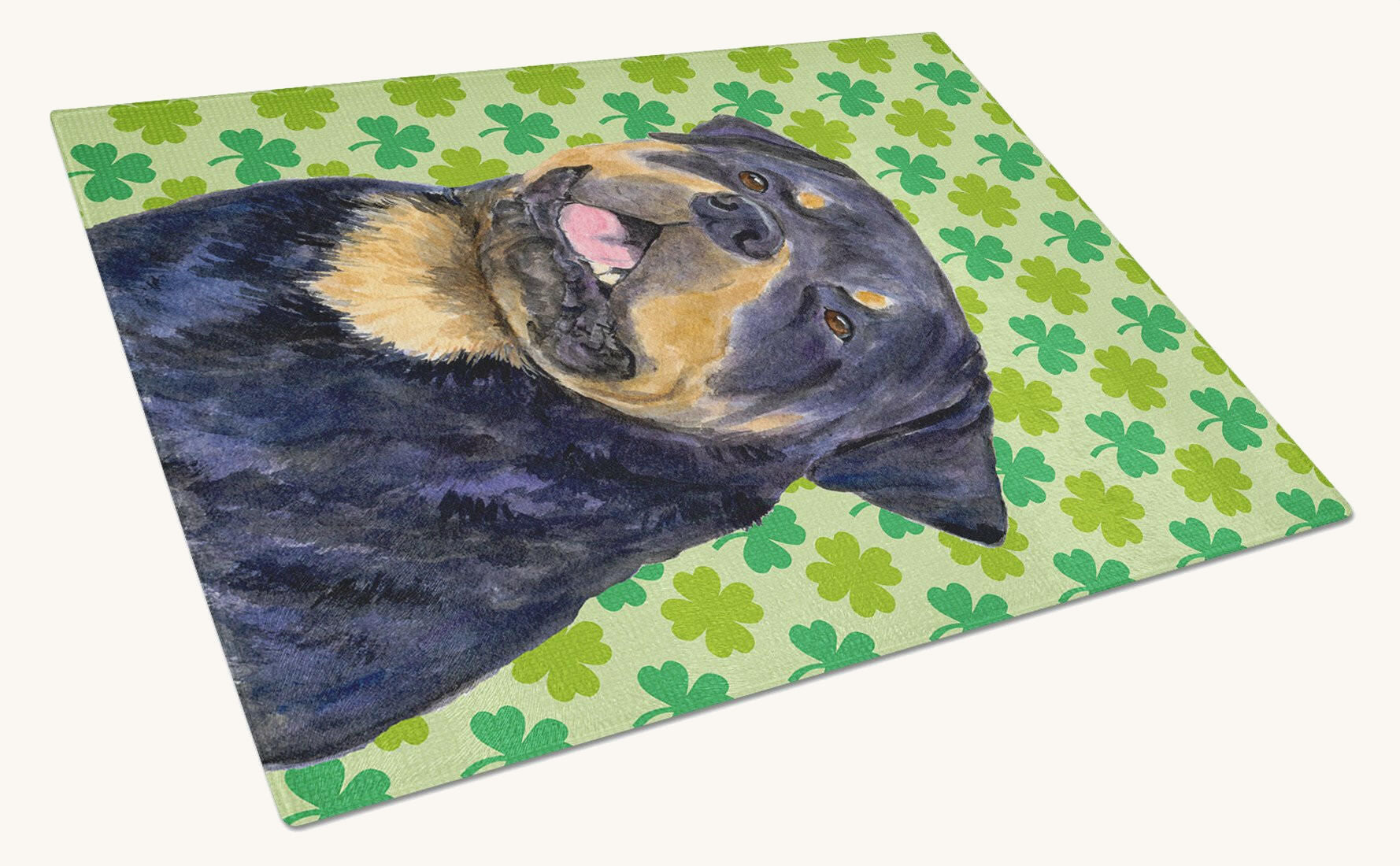 Hand-illustrated Rottweiler Shamrock Portrait Glass Cutting Board