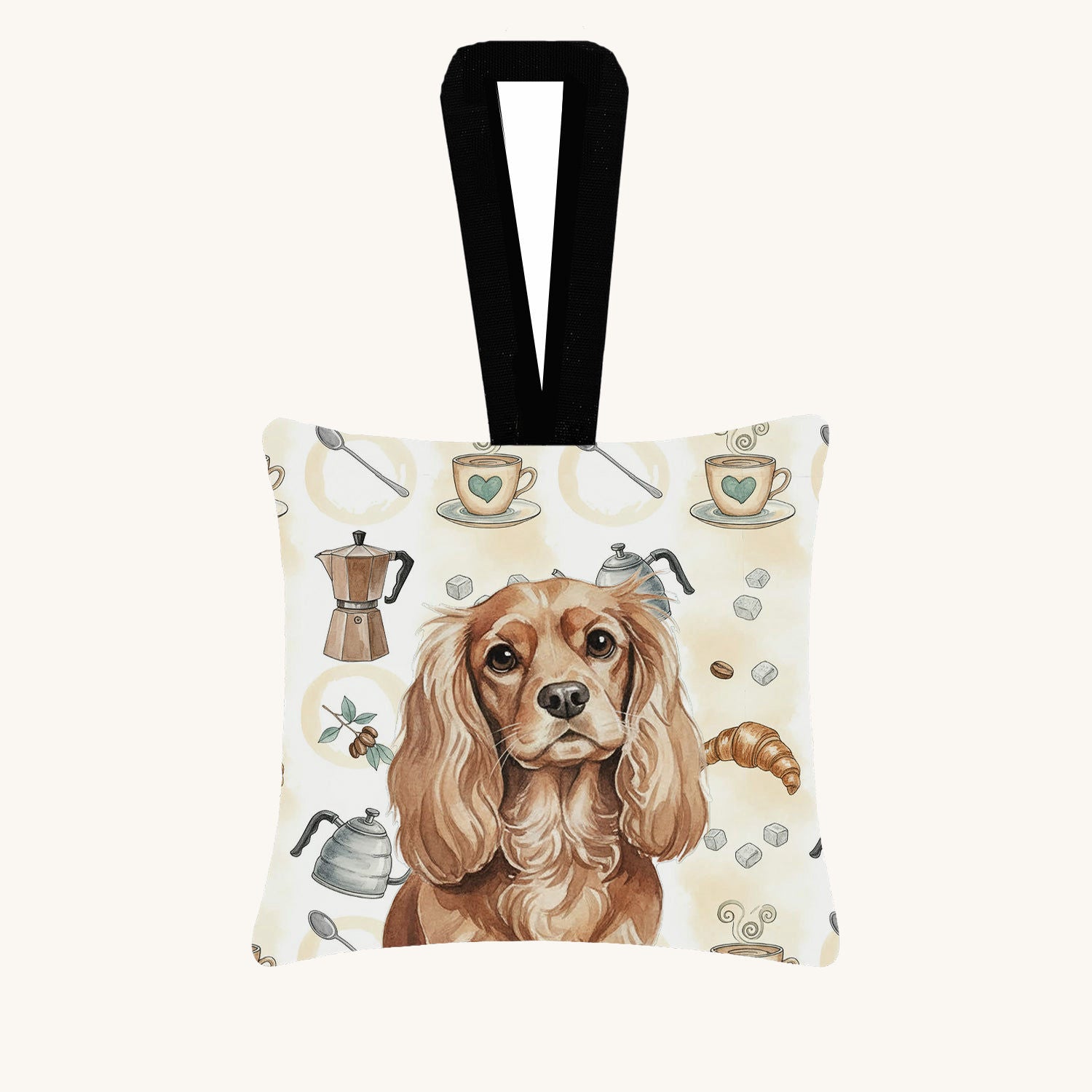Hand-illustrated Ruby Cavalier Spaniel Coffee Bar Fabric Ornament
