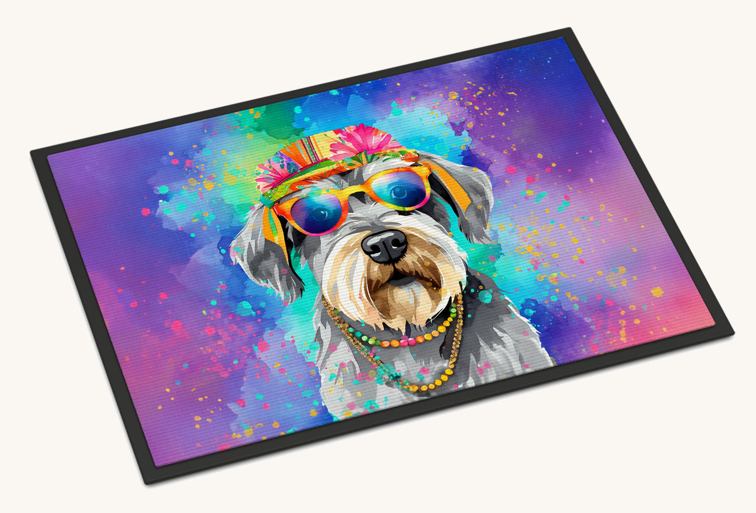 Hand-illustrated Schnauzer Hippie Dawg Doormat