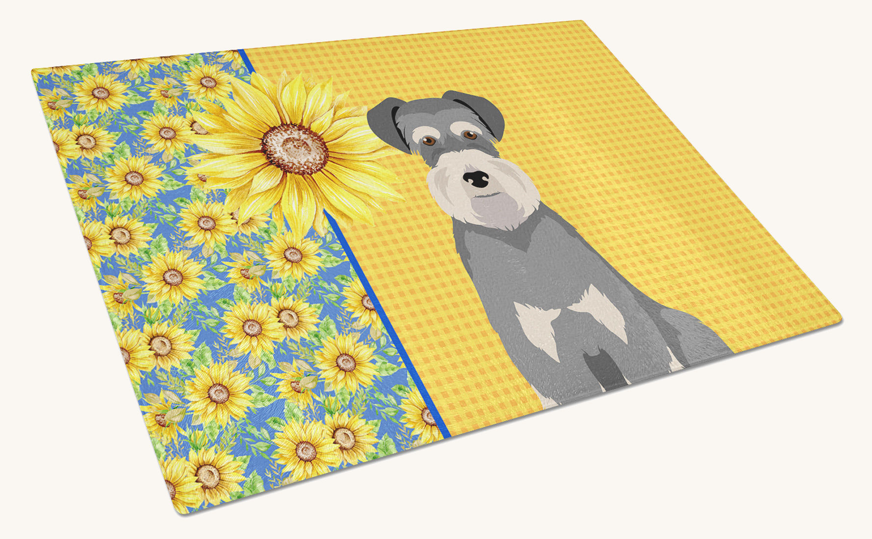 Hand-illustrated Schnauzer Summer Sunflowers Glass Cutting Board
