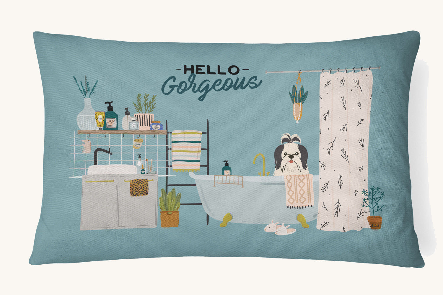 Hand-illustrated Black & White Shih Tzu in Bathtub 12x16 Indoor/Outdoor Pillow