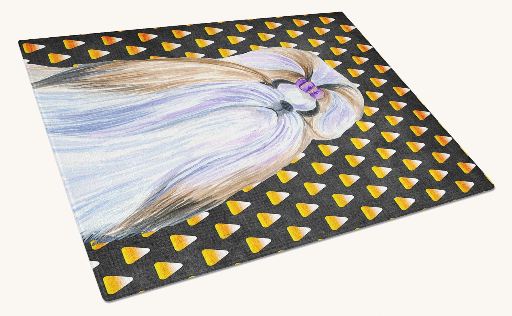 Hand-illustrated Shih Tzu Candy Corn Halloween Glass Cutting Board