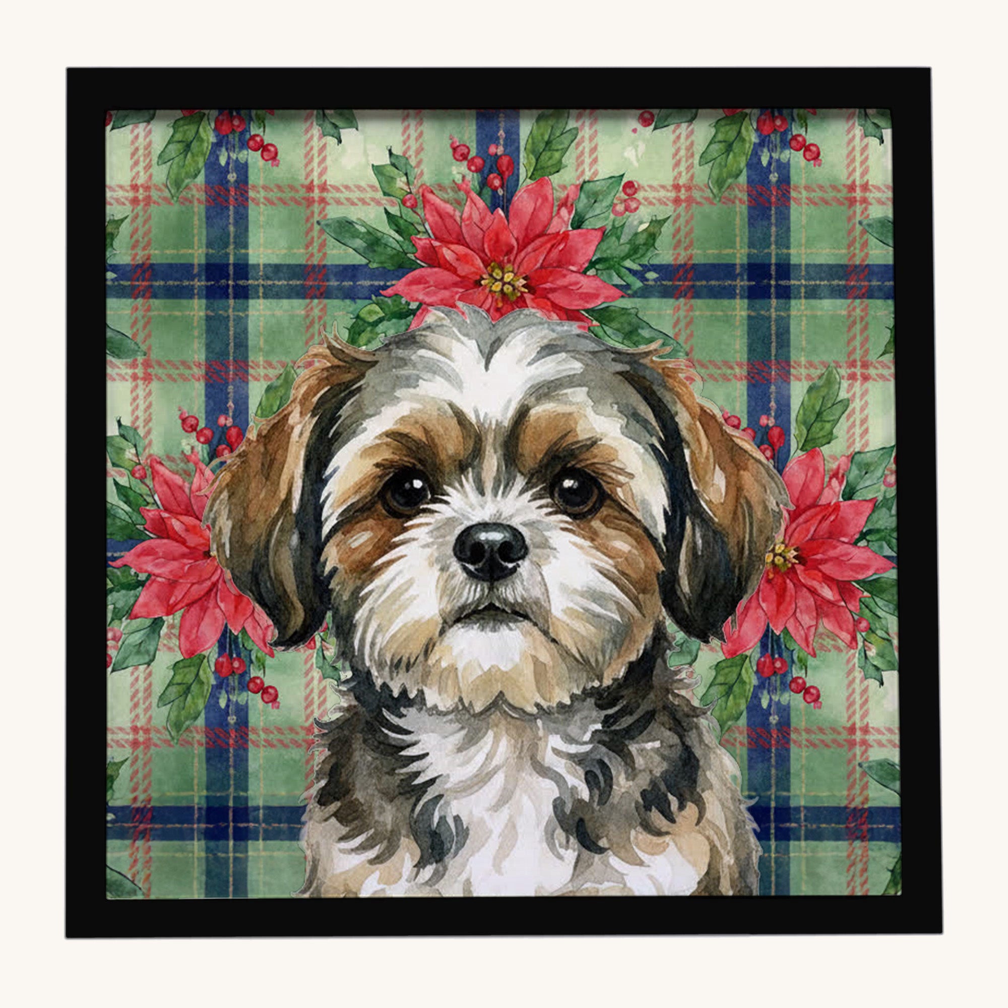 Hand-illustrated Shih Tzu Christmas Poinsettias Framed Metal Print