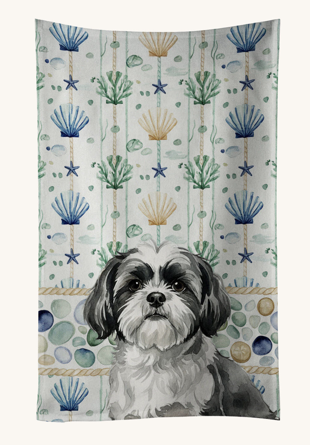 Hand-illustrated Shih Tzu Coastal Sea Glass Kitchen Towel