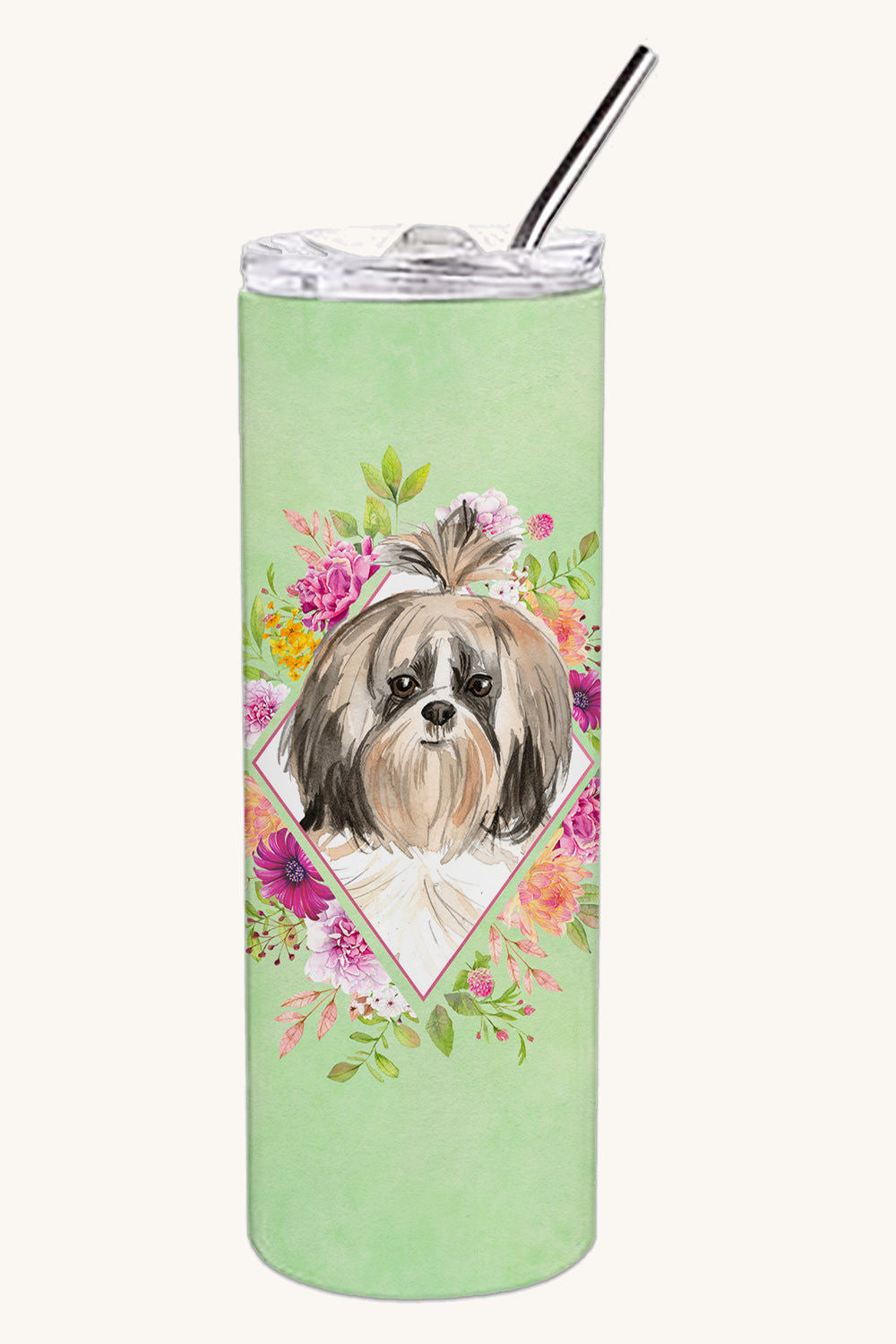 Hand-illustrated Shih Tzu Green Flowers Stainless Steel Tumbler