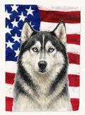 Hand-illustrated Siberian Husky American Flag House Flag