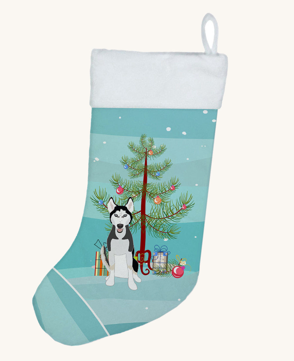 Hand-illustrated Siberian Husky Black and White Christmas Stocking