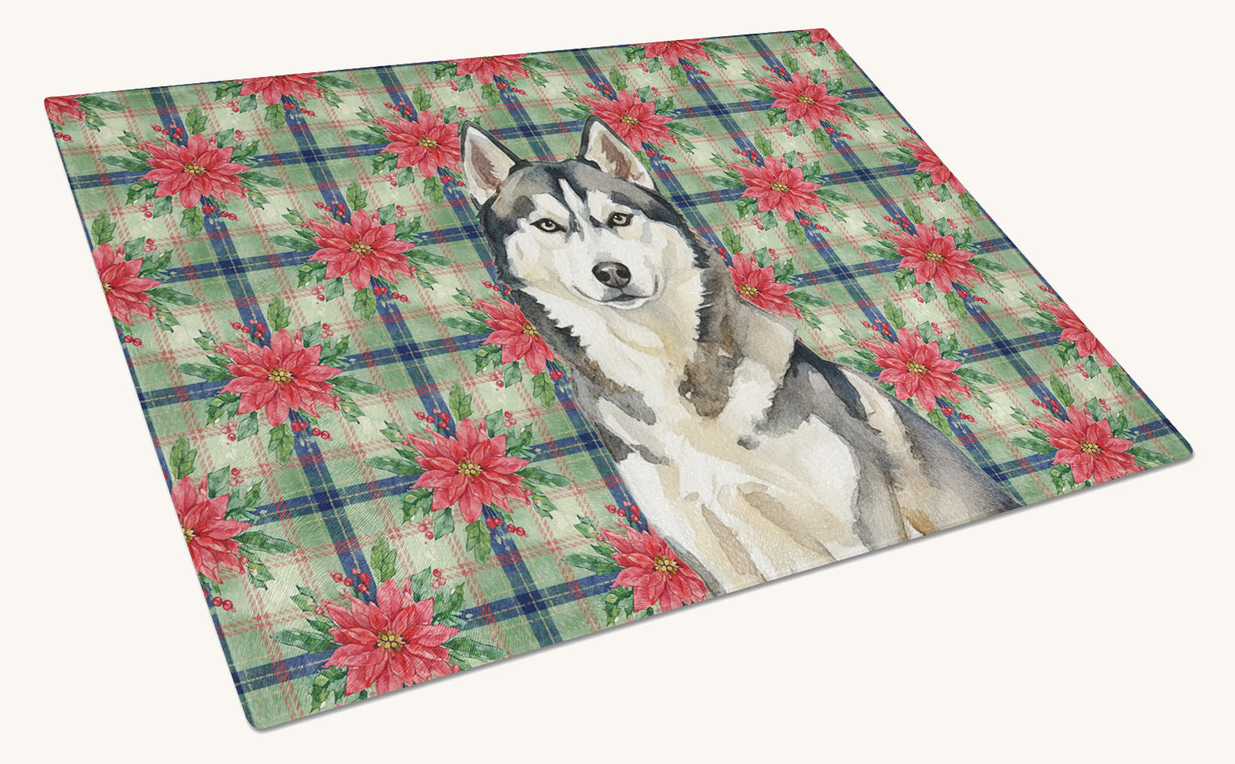 Hand-illustrated Siberian Husky Christmas Poinsettias Glass Cutting Board