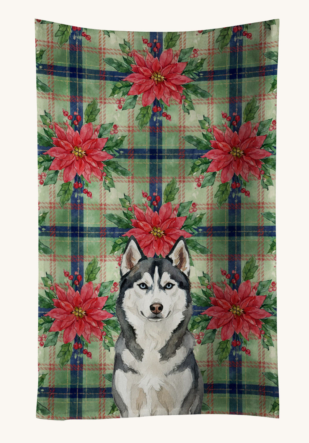 Hand-illustrated Siberian Husky Christmas Poinsettias Kitchen Towel