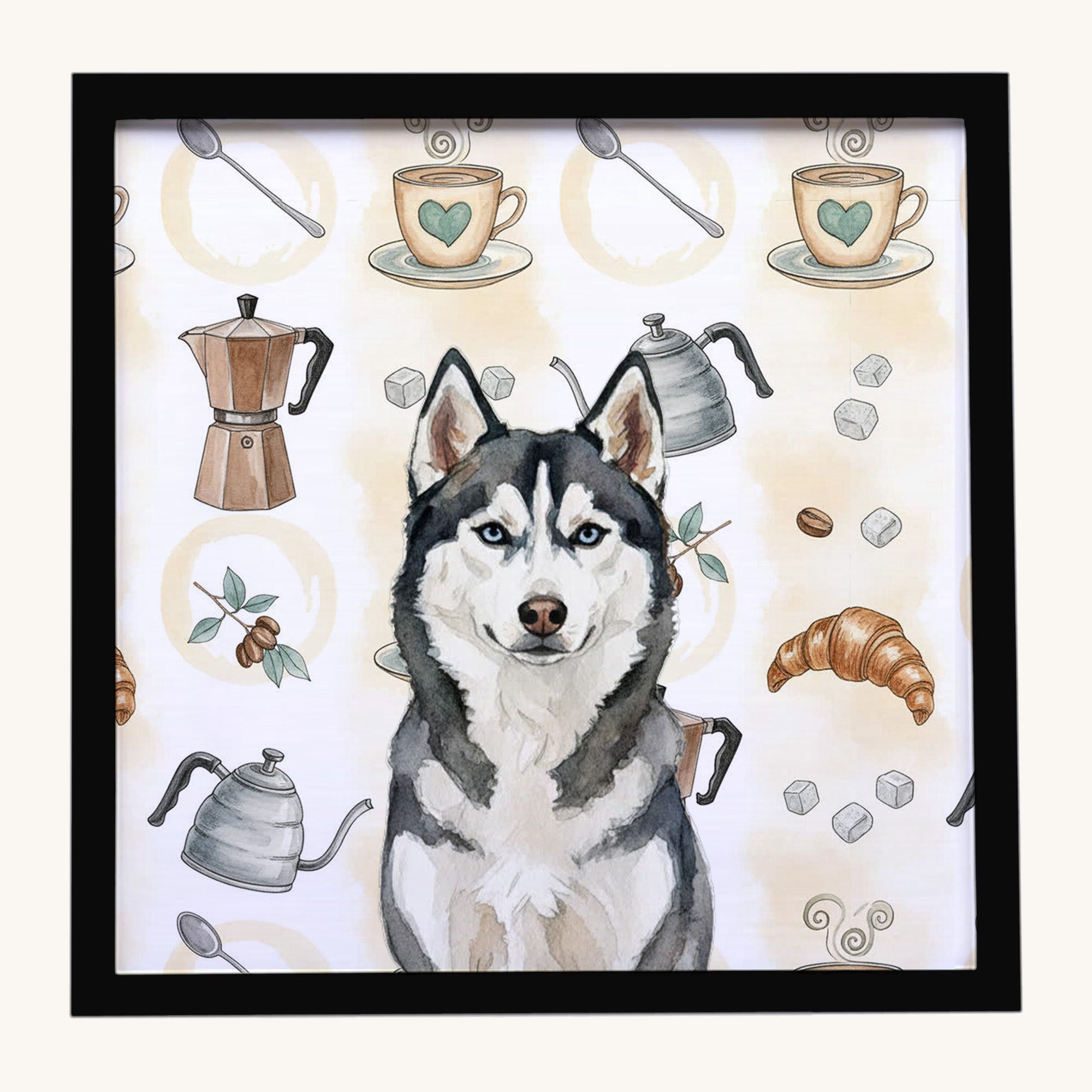 Hand-illustrated Siberian Husky Coffee Bar Framed Metal Print