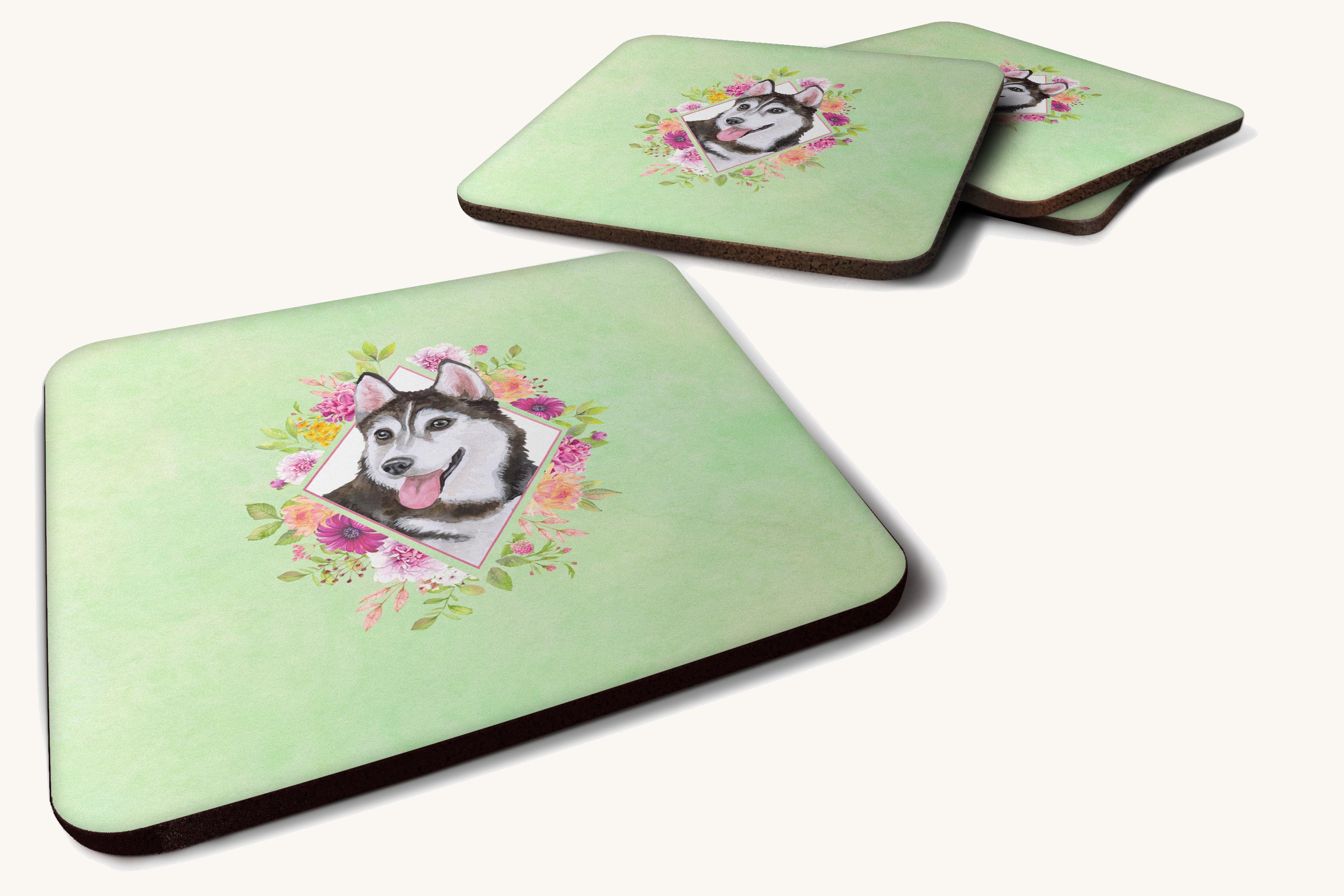 Hand-illustrated Siberian Husky Green Flowers Foam Coasters