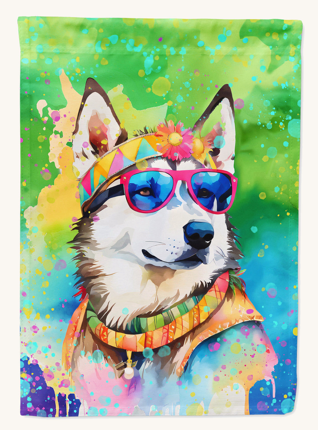Hand-illustrated Siberian Husky Hippie Dawg Garden Flag
