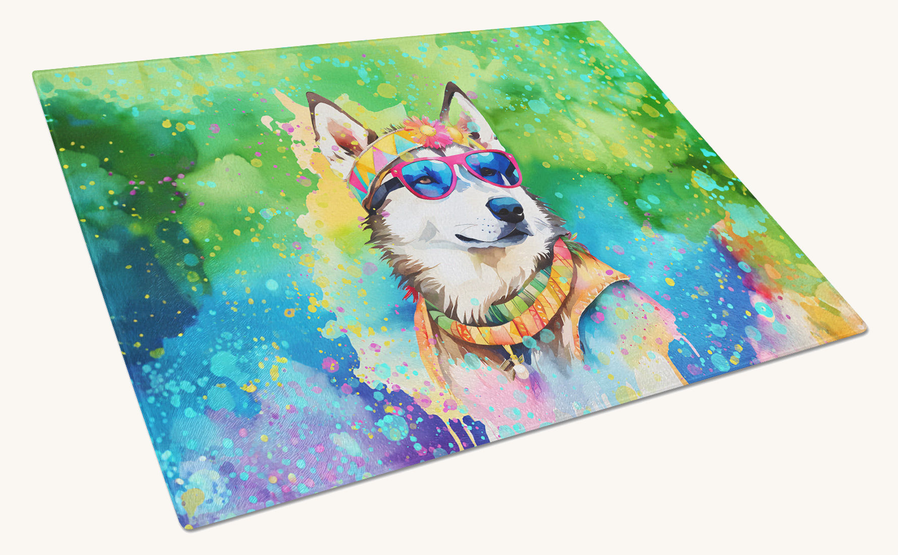 Hand-illustrated Siberian Husky Hippie Dawg Glass Cutting Board