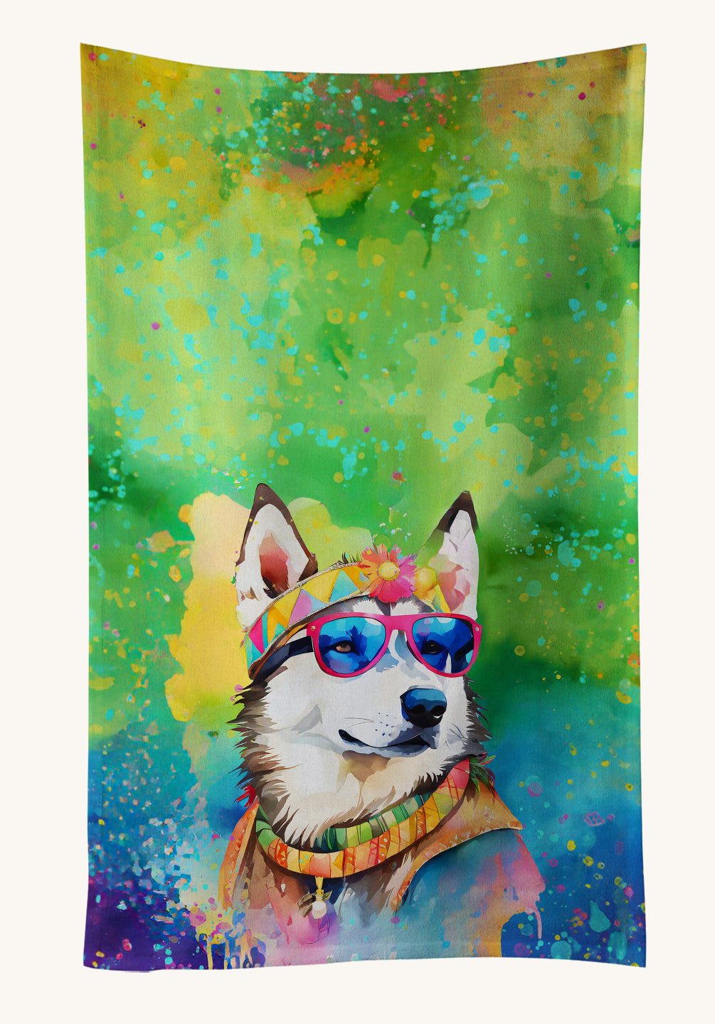 Hand-illustrated Siberian Husky Hippie Dawg Kitchen Towel