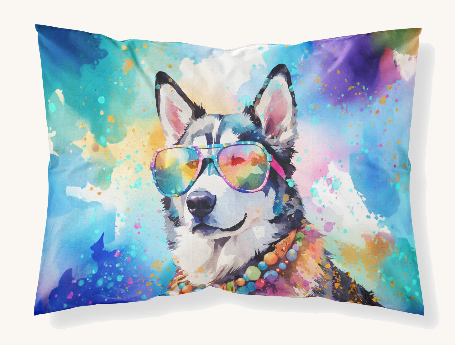 Hand-illustrated Siberian Husky Hippie Dawg Pillowcase