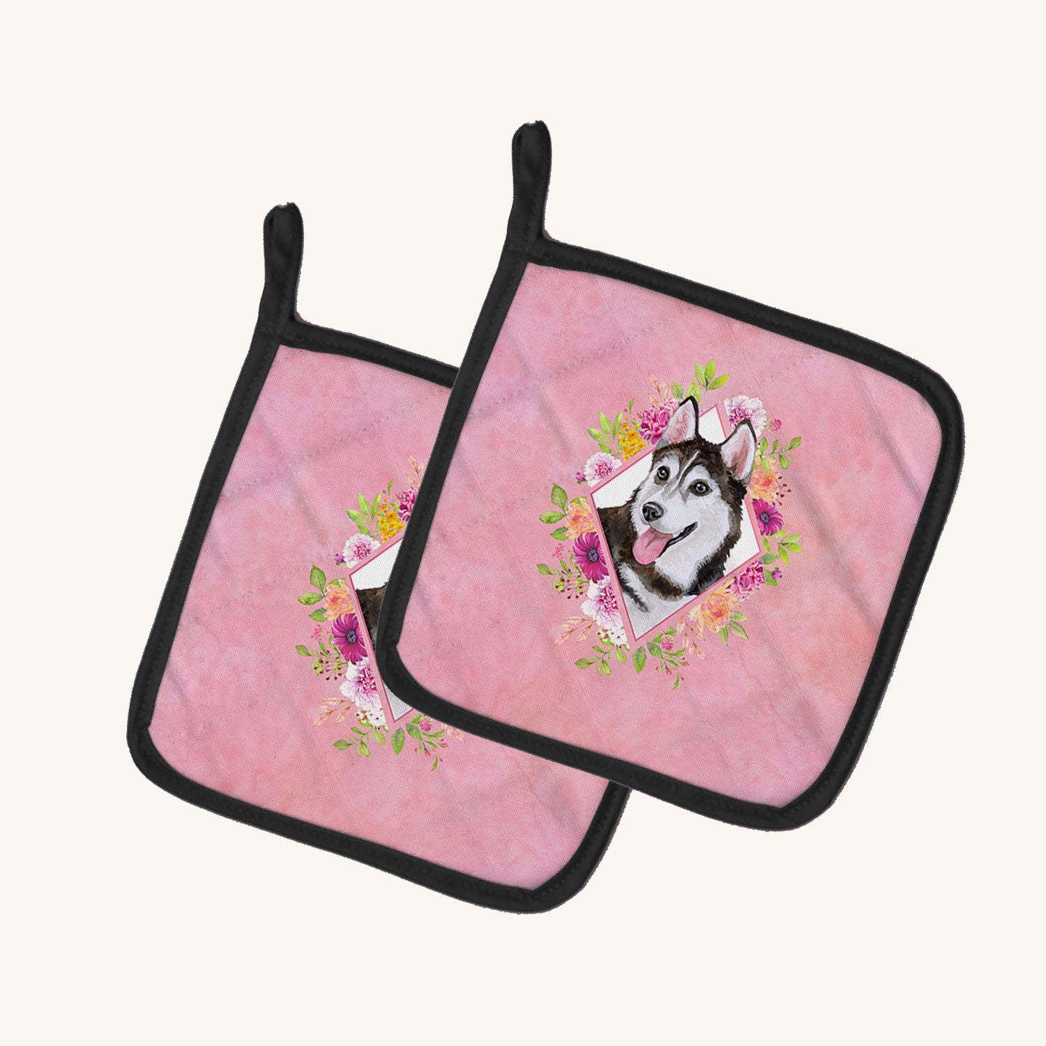 Hand-illustrated Siberian Husky Pink Flowers Pot Holders