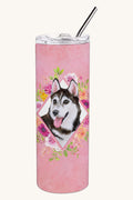 Hand-illustrated Siberian Husky Pink Flowers Skinny Tumbler