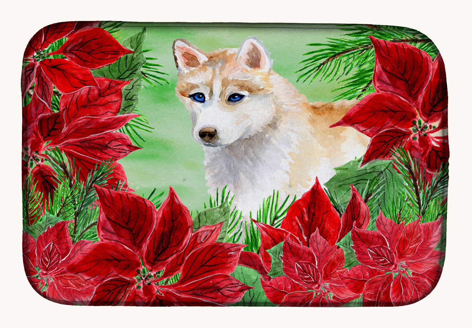 Hand-illustrated Siberian Husky Poinsettias Dish Drying Mat