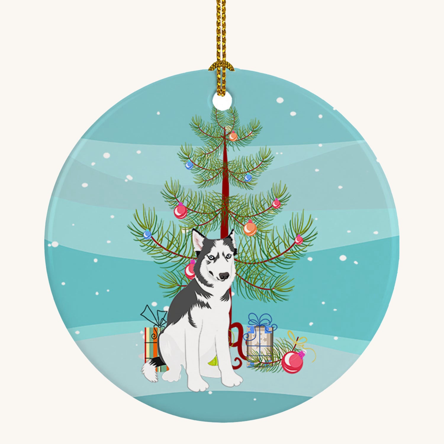 Hand-illustrated Siberian Husky Silver and White Christmas Ornament