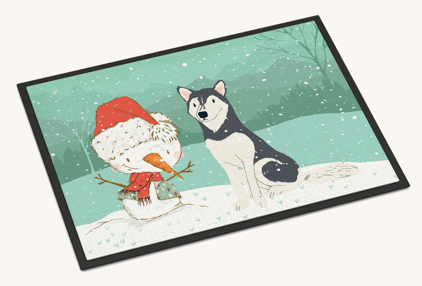 Hand-illustrated Siberian Husky Snowman Christmas Doormat