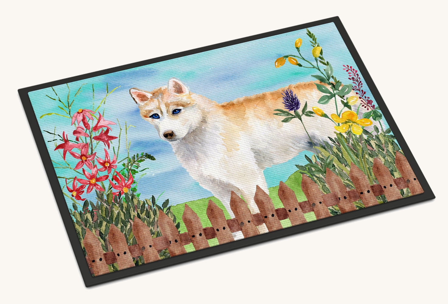 Hand-illustrated Siberian Husky Spring Large Doormat
