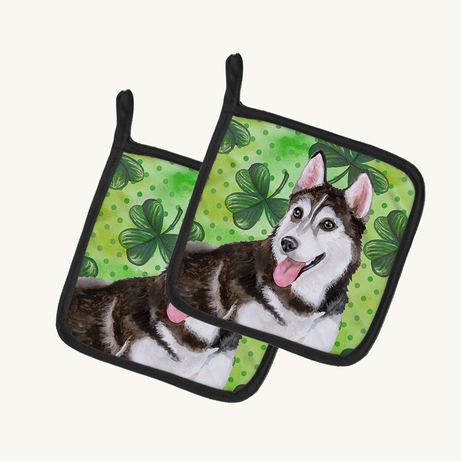 Hand-illustrated Siberian Husky St Patrick's Pot Holders