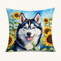Hand-illustrated Siberian Husky Sunflowers Throw Pillow