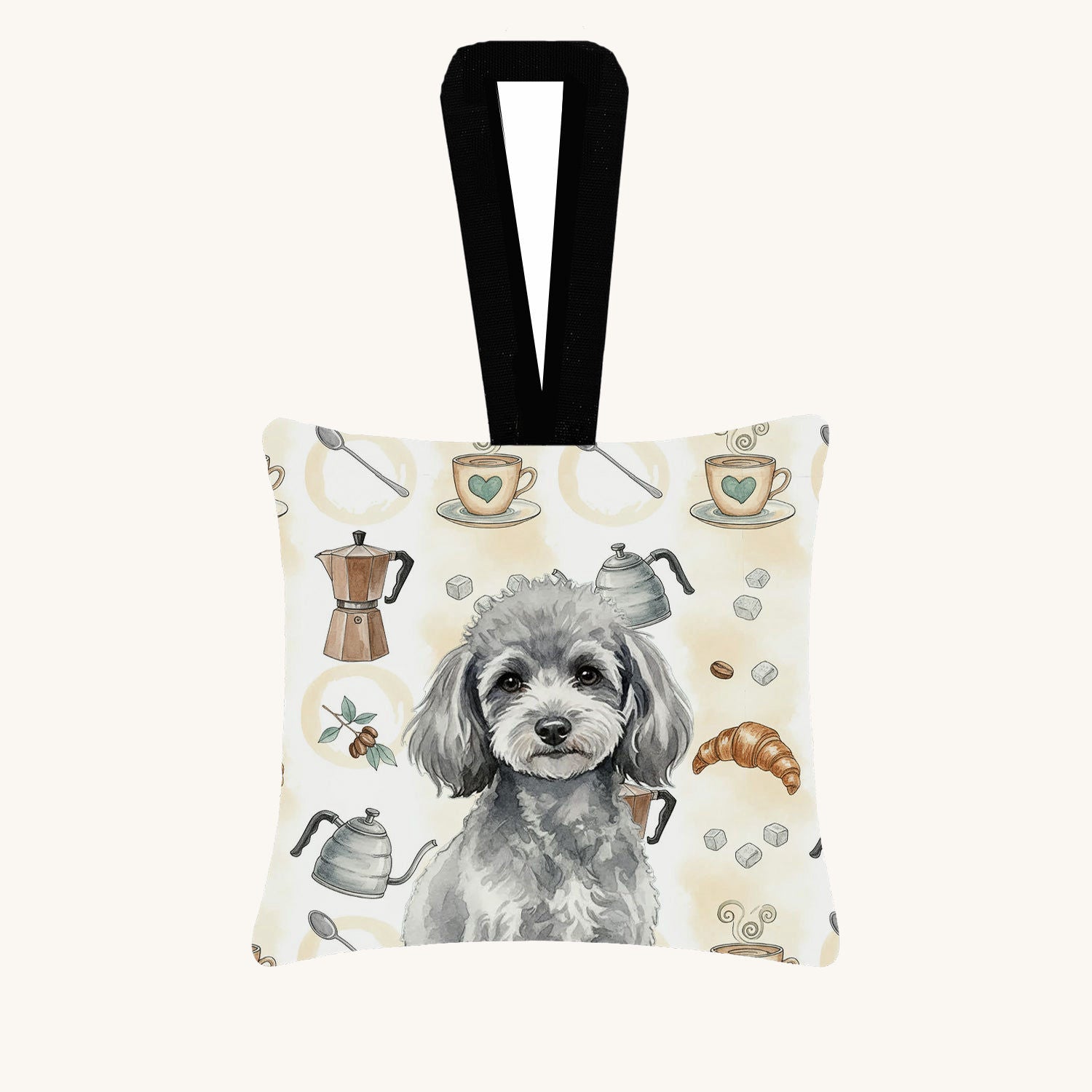 Hand-illustrated Silver Poodle Coffee Bar Fabric Ornament