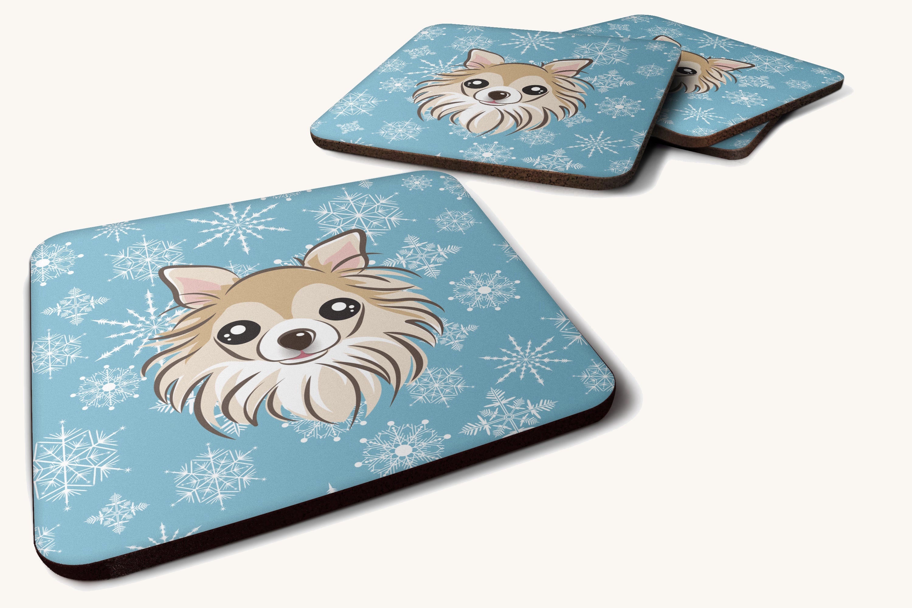 Hand-illustrated Snowflake Chihuahua Foam Coaster Set