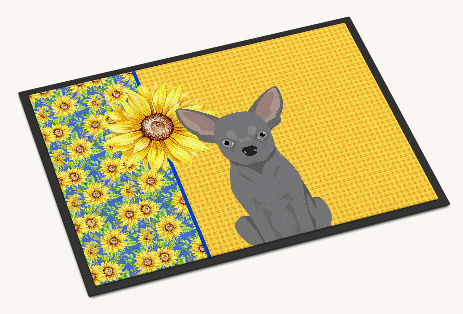Hand-illustrated Summer Sunflowers Blue Chihuahua Doormat