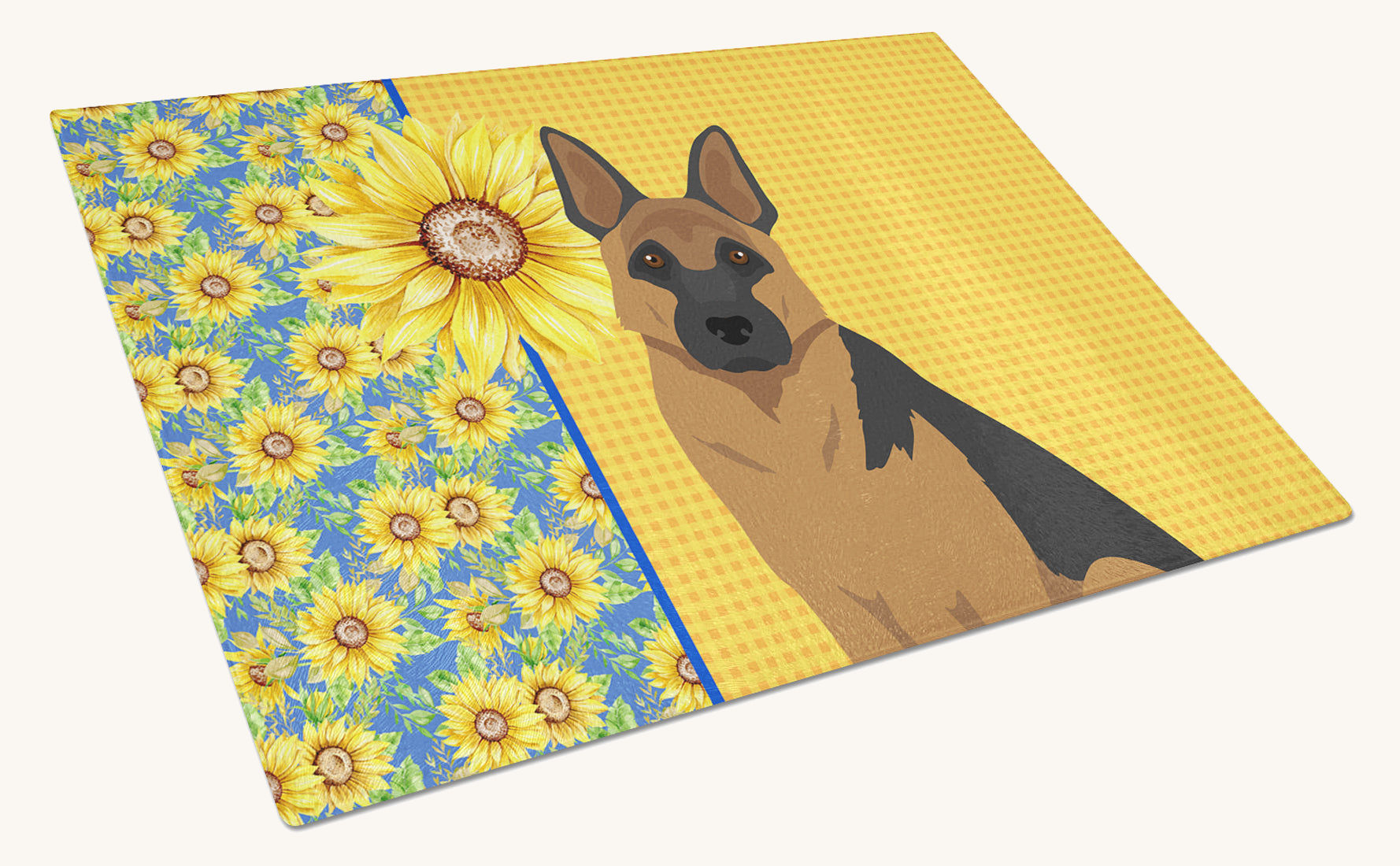 Hand-illustrated Summer Sunflowers German Shepherd Glass Cutting Board